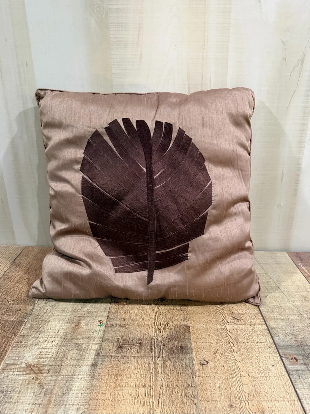 Pair of Decorative Satin Leaf Throw Pillow Covers- Taupe with Brown Leaf 17”x17”